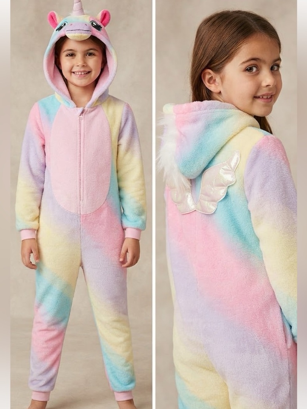 Magical Unicorn Hooded Onesie Pajamas - Pastel Rainbow Soft Fleece Gown Costume